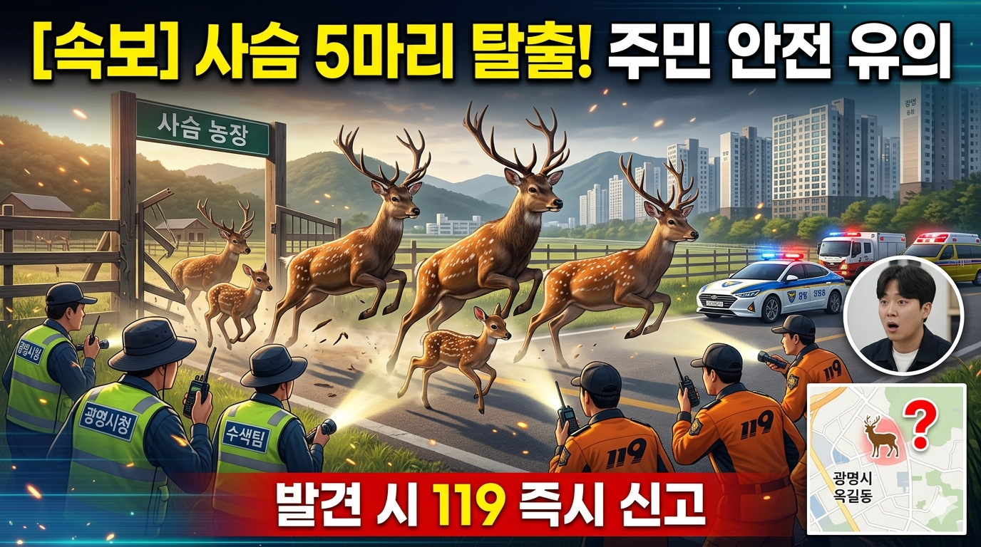 경기 광명시 옥길동 사슴 농장 인근 도로변 주택가에 탈출한 사슴 5마리(어미 3마리, 새끼 2마리)가 무리를 지어 나타난 상황을 시각화한 뉴스 속보 이미지. 배경에는 '광명시 사슴 탈출', '발견 시 119 신고', '주민 안전 유의' 재난 문자 메시지 화면이 함께 배치되어 있다.