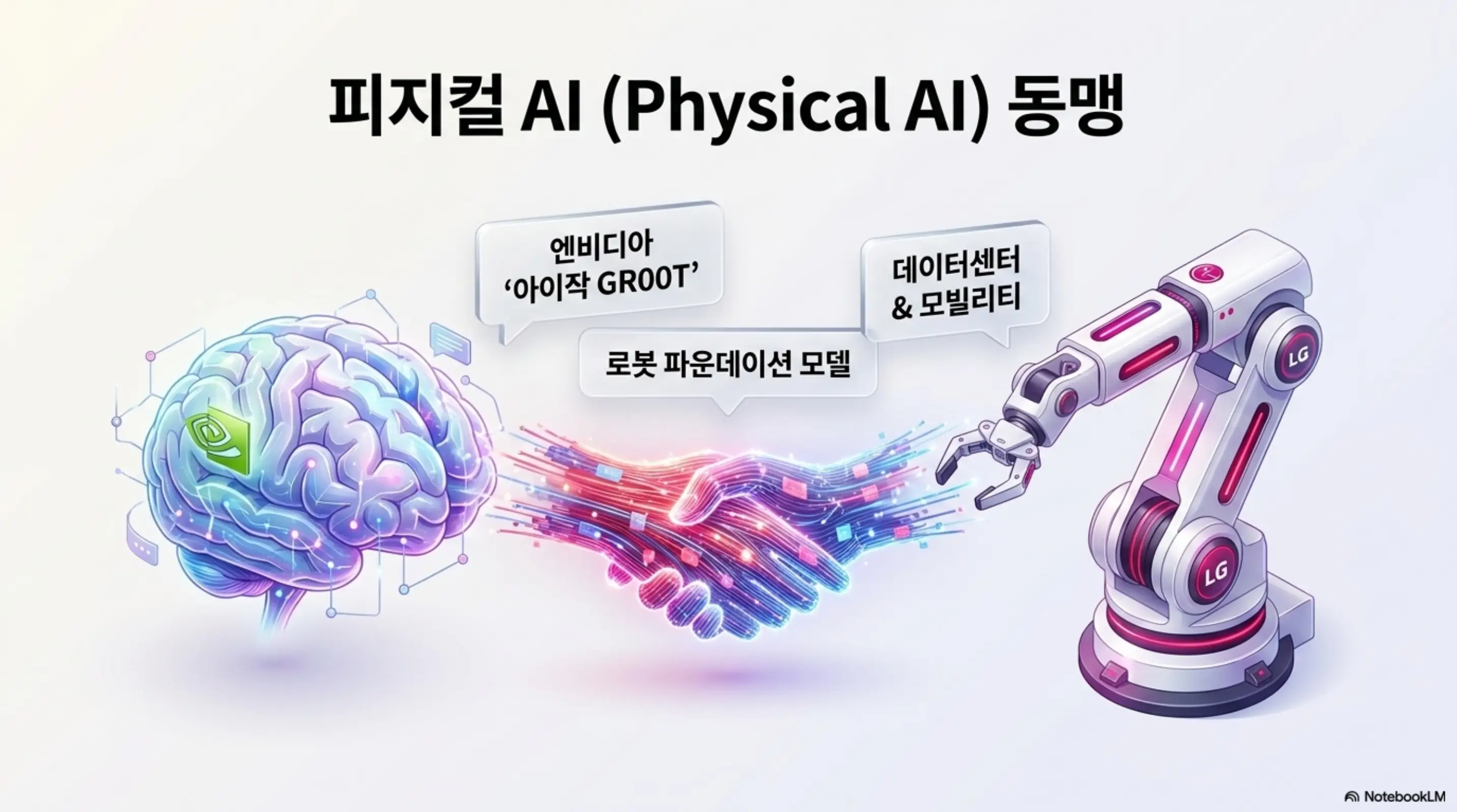 엔비디아와 LG전자의 피지컬AI 동맹을 AI 두뇌와 로봇 팔의 악수로 표현한 이미지. 아이작 GR00T 기반 로봇 파운데이션 모델 개발과 데이터센터 및 모빌리티 분야 협력을 보여주며 LG전자 주가 급등의 직접 촉매를 시각적으로 전달함