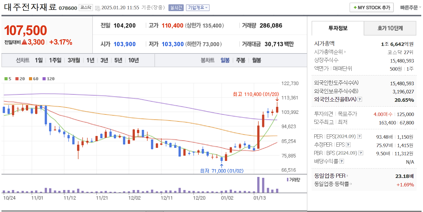 김문수 관련주 대장주 대주전자재료 일봉 차트