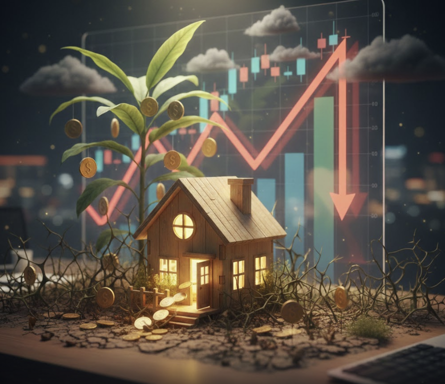 홈화면뒤에 주식차트가 무너지는 이미지