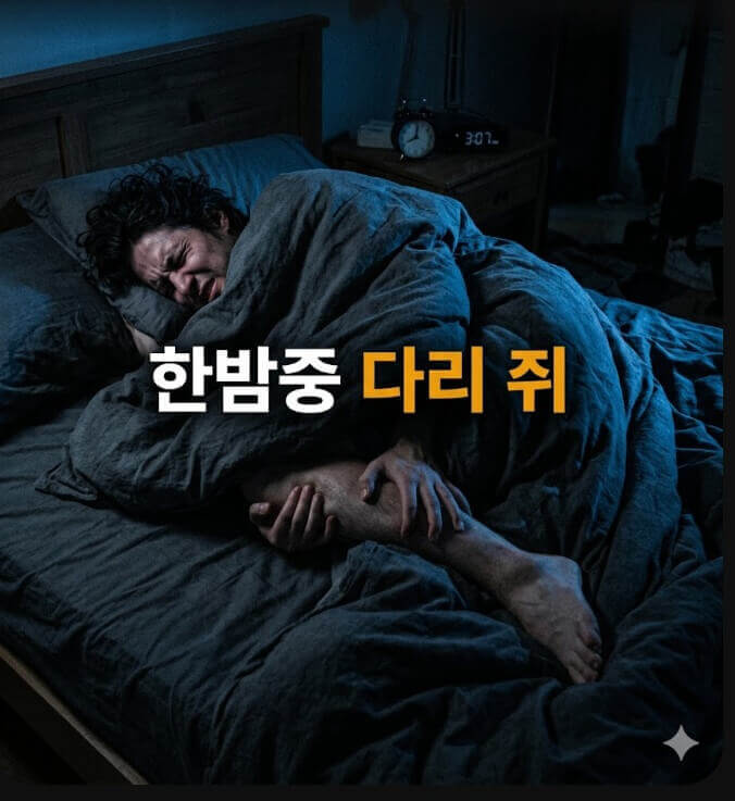 수면중 다리에 쥐가나 고통스러워하는 여성