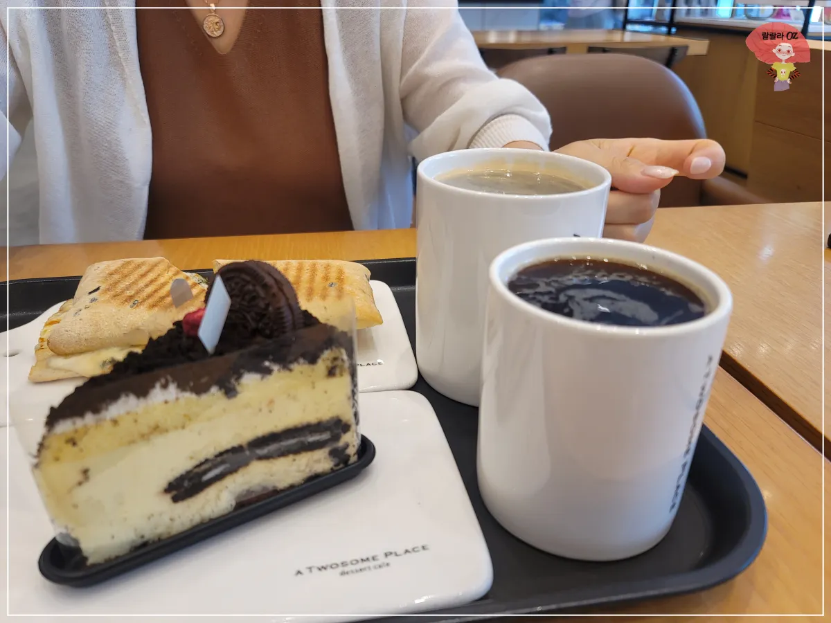 경기-남양주-투썸플레이스-다산신도시점-쟁반에-담긴-커피와-케이크-그리고-파니니