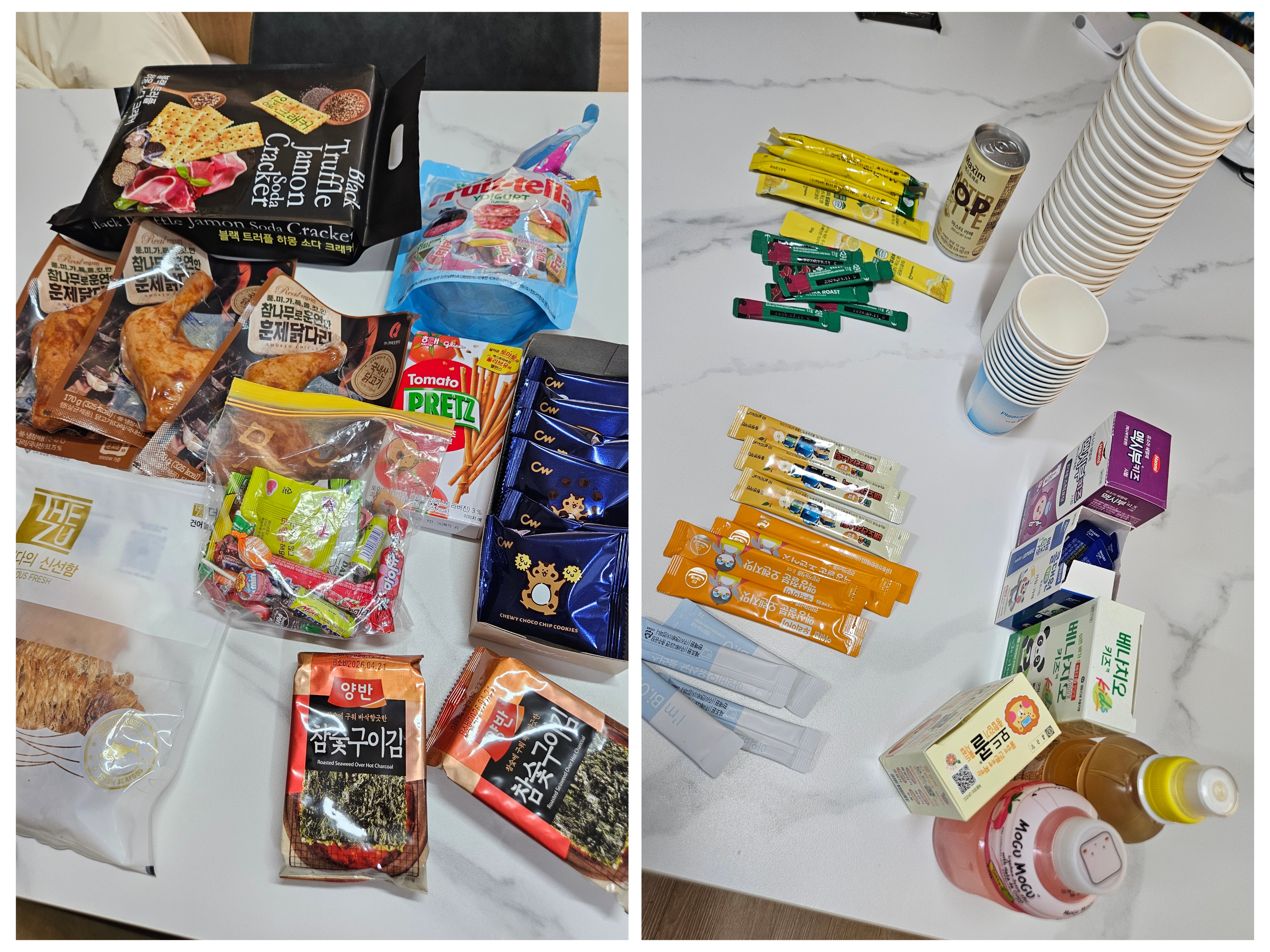 지퍼백에 소분된 간식 꾸러미와 아이용 영양제, 어른들을 위한 커피 스틱과 종이컵이 함께 담긴 콜라주 사진