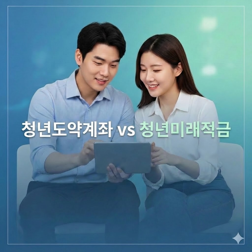 푸른색 배경 앞에서 청년 남녀가 태블릿 PC를 함께 보며 밝게 웃고 있는 모습. 이미지 중앙에는 '청년도약계좌 vs 청년미래적금'이라는 텍스트가 적혀 있어 두 금융 상품의 비교 분석을 시각적으로 나타냄.