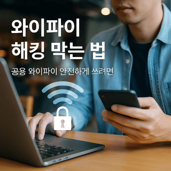 노트북과 스마트폰으로 공용 와이파이를 사용하는 모습과 와이파이 보안 자물쇠 아이콘