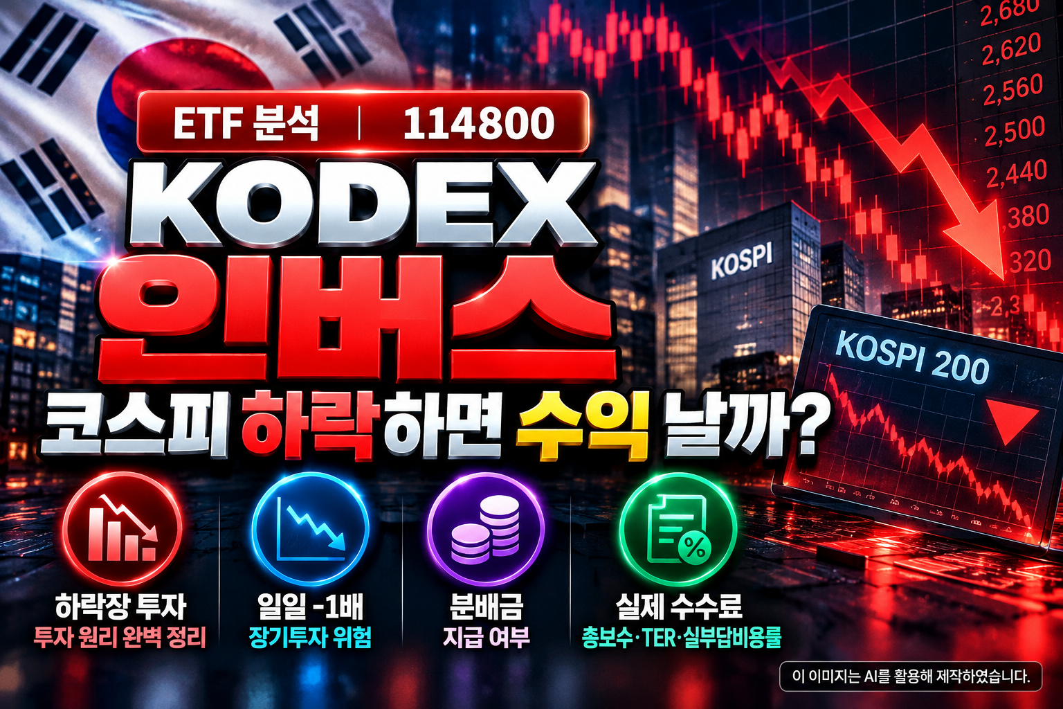 KODEX 인버스 ETF(114800) 분석 대표 이미지. 태극기와 한국 증시의 하락 차트를 배경으로 코스피 하락 시 수익이 발생하는 인버스 투자 원리, 일일 수익률 -1배, 장기투자 위험 및 실제 수수료를 표현한 이미지.
