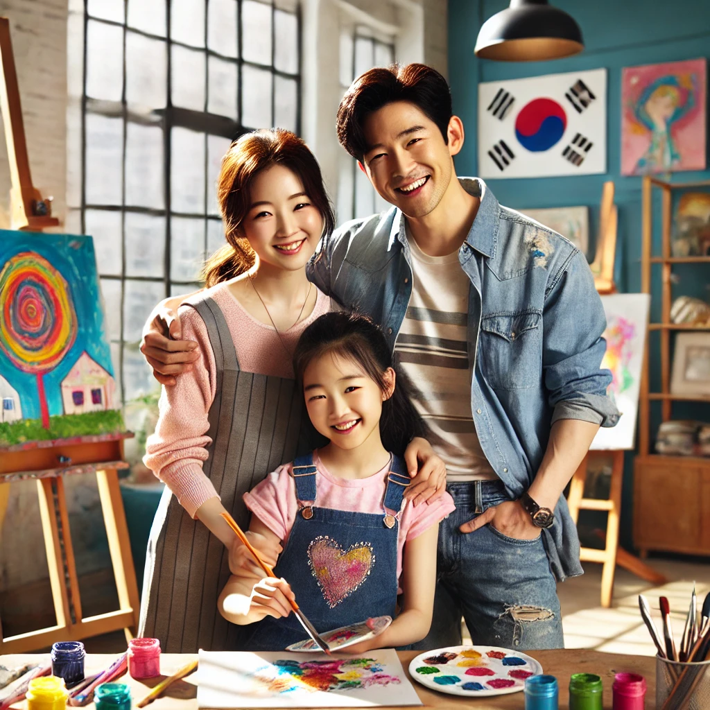 캔버스에 생동감 있는 벽화를 그리고 있는 딸과 이를 자랑스럽게 바라보며 격려하는 부모, 밝은 자연광과 다채로운 미술 작품으로 가득한 공간, 개성과 창의력이 빛나는 순간.