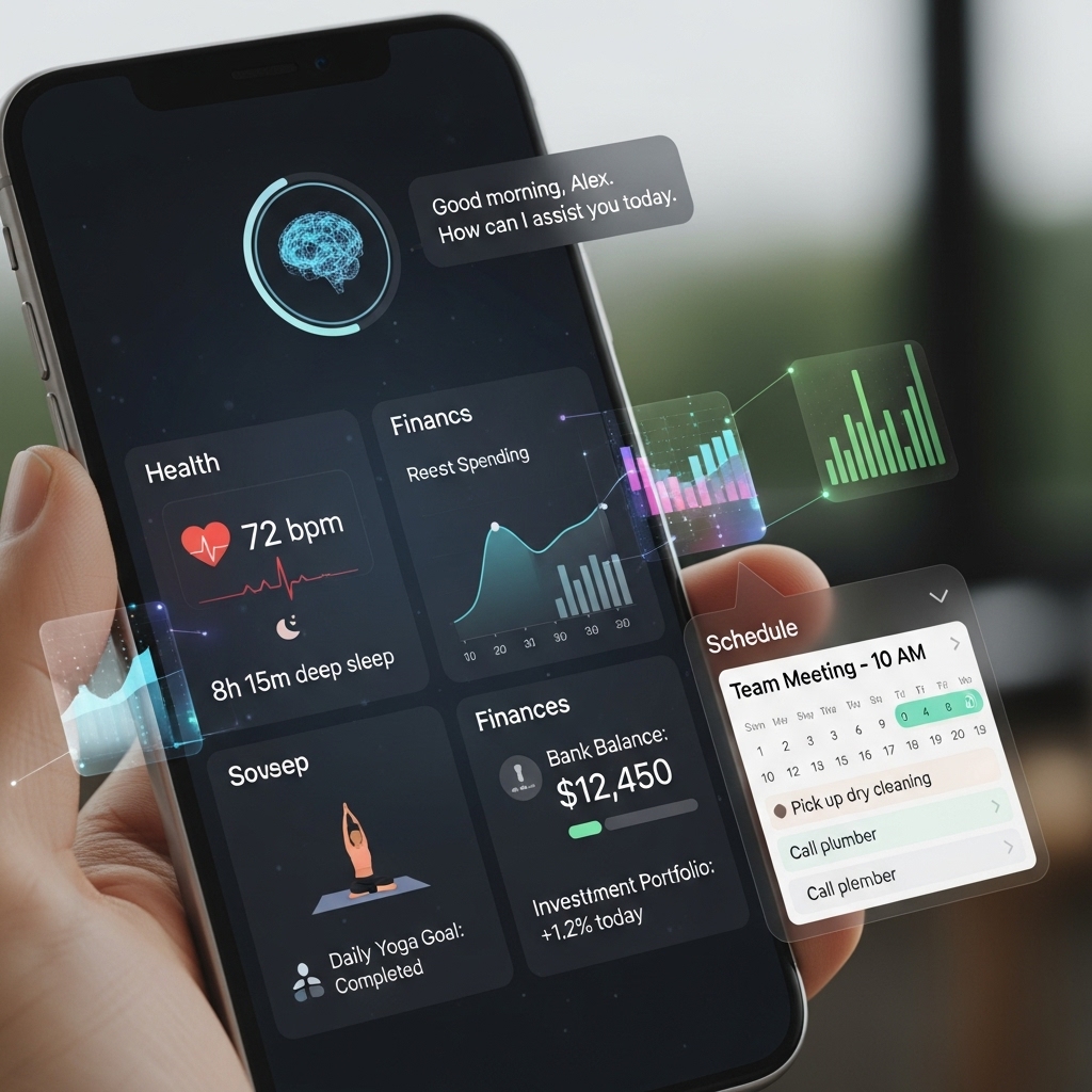 스마트폰 화면에 개인의 건강, 재정, 일정 등 라이프스타일을 총괄 관리하는 초개인화 AI 비서 인터페이스가 표시된 모습.