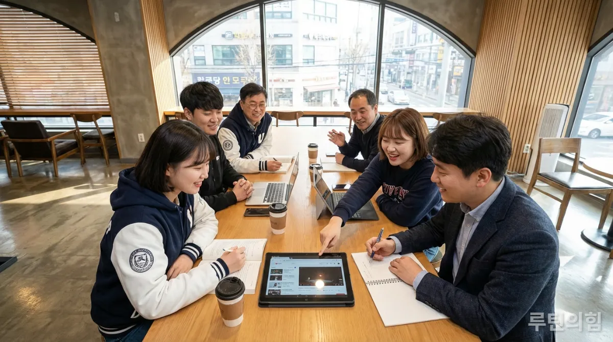 코워킹 스페이스에서 온라인 강의 내용을 토론하는 다양한 연령대의 한국인 학습자들