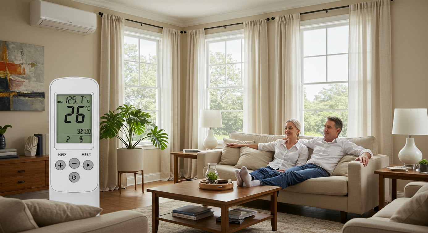 에어컨 전기세 절약 팁들이 실행된 쾌적한 거실, 온도계에 26도가 표시되고 만족스러워하는 모습
