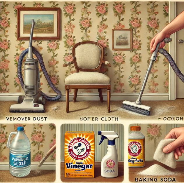 꽃무늬 벽지를 청소용 도구로 닦는 모습