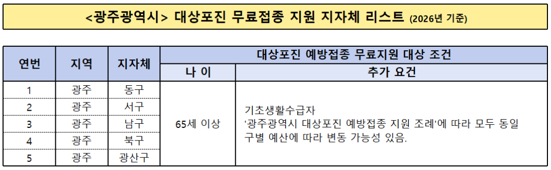 광주 대상포진 무료접종 지자체 리스트