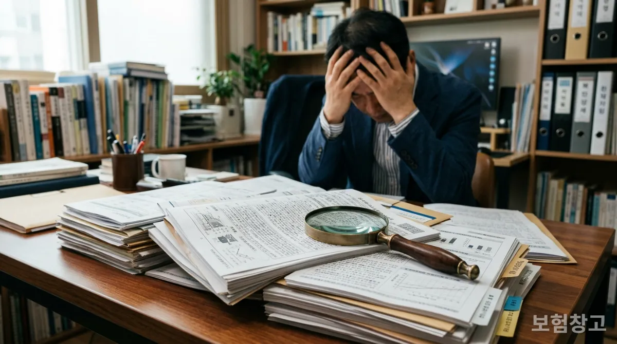 복잡한 보험 약관과 고민하는 남성