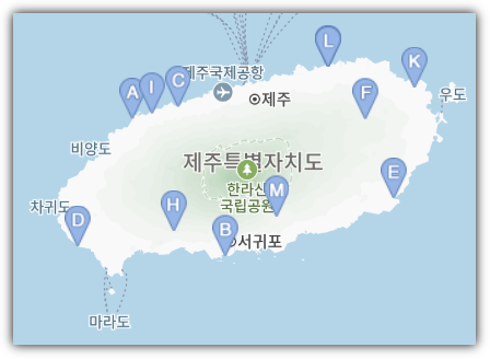 제주 주요 카라반 캠핑장 위치 표시
