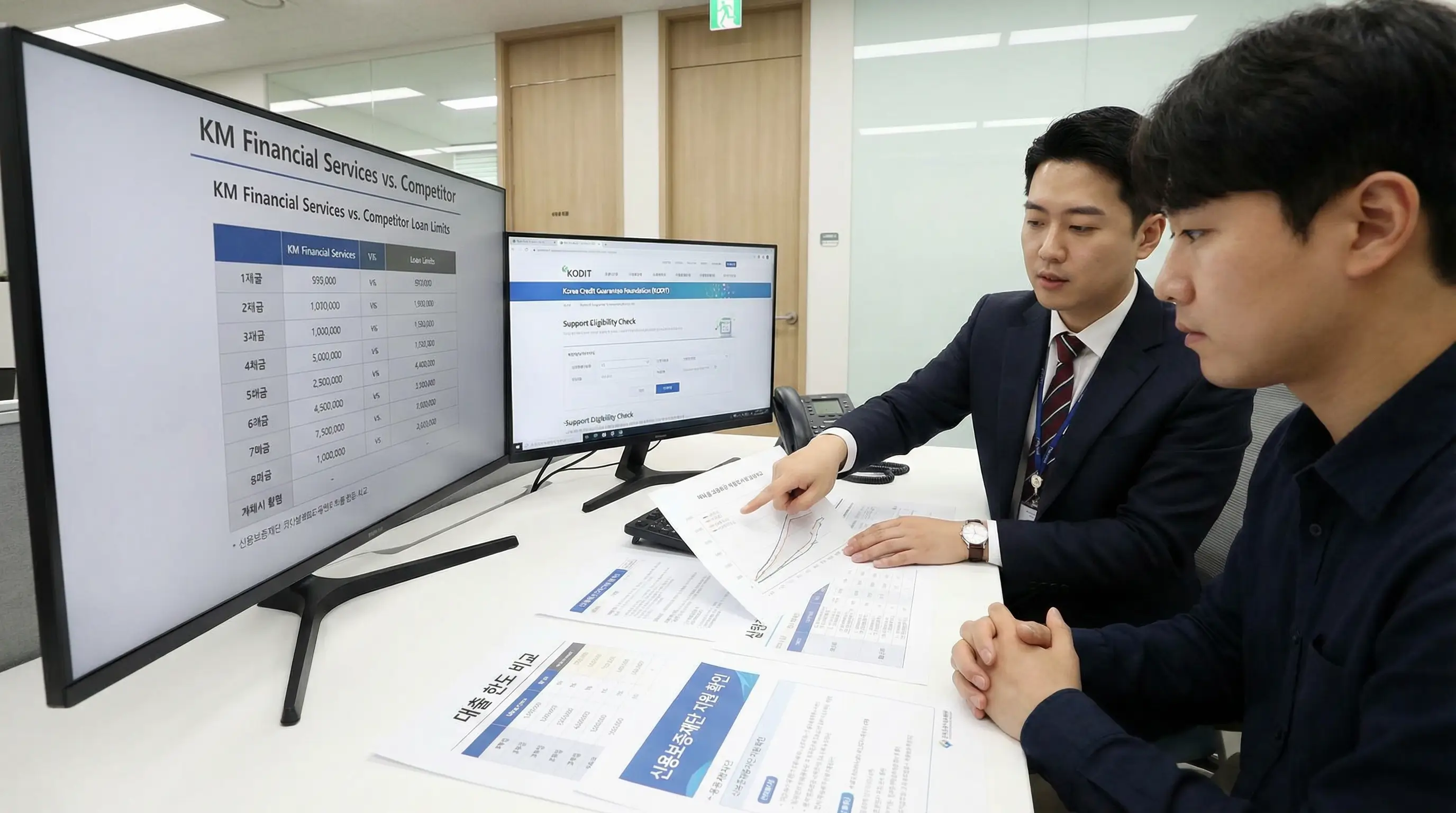 케이엠 파이낸셜 서비스 대부와 경쟁 업체의 대출 한도를 비교하고 신용보증재단 지원 가능성을 확인하는 모습