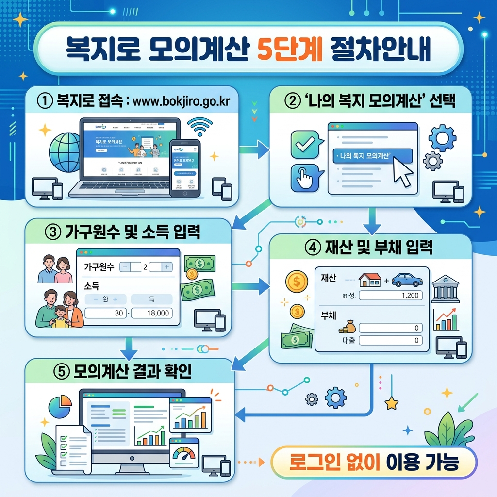 복지로 모의계산 5단계 가이드 인포그래픽