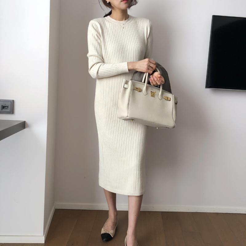 부드러운 도톰 골지 라운드 미디 롱 니트 원피스 봄 가을 겨울 3COLOR