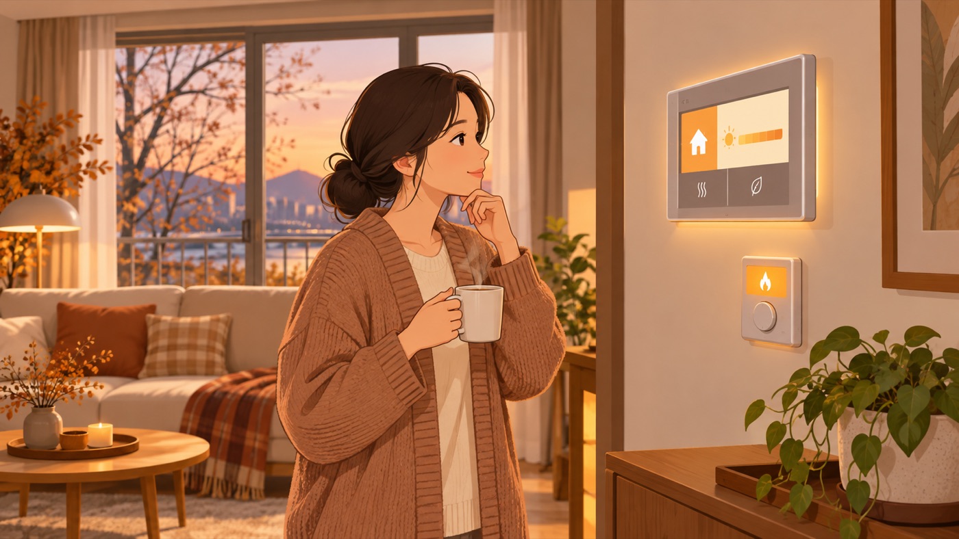 따뜻한 차를 들고 벽의 보일러 조절기를 바라보는 일러스트