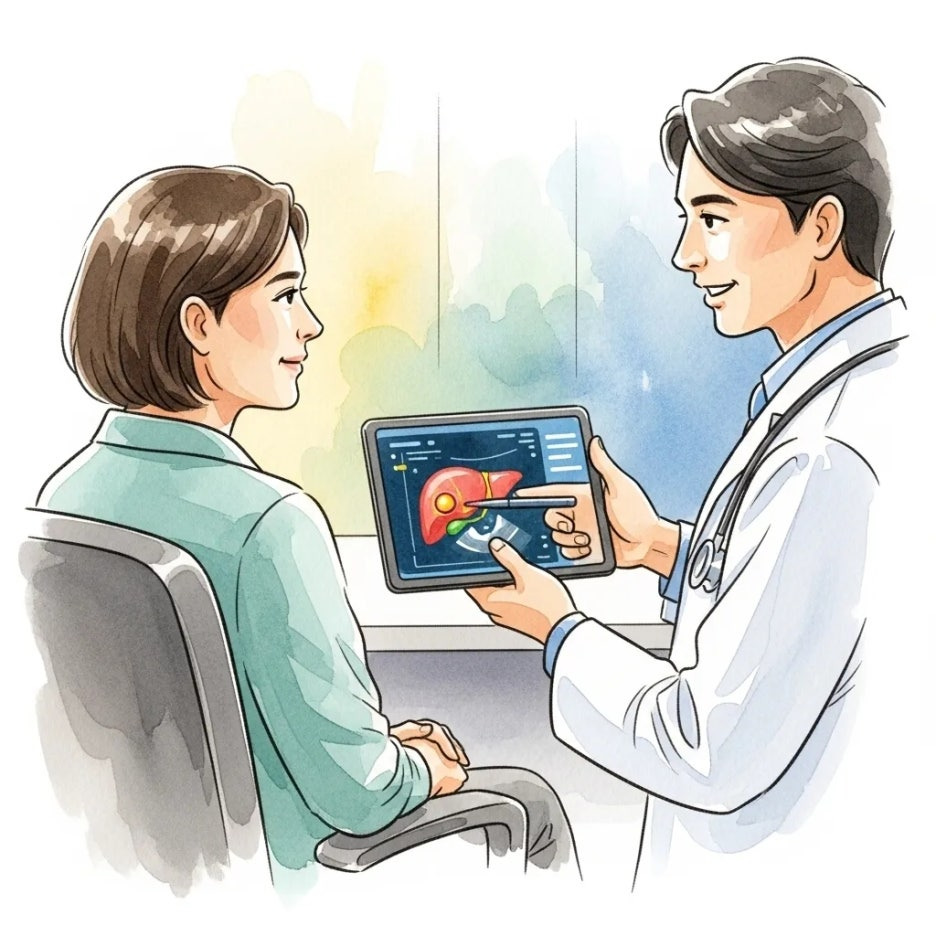 의사와 환자가 간 건강 검진 결과를 상담하는 모습.