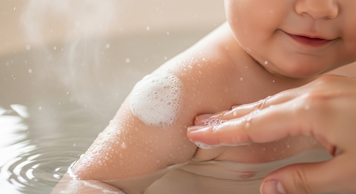 미지근한 물에 몸을 담그고 편안하게 목욕하는 아기. 부드러운 아기 전용 비누로 씻기며 면역력 강화에 도움을 주는 올바른 목욕 습관을 보여줍니다.