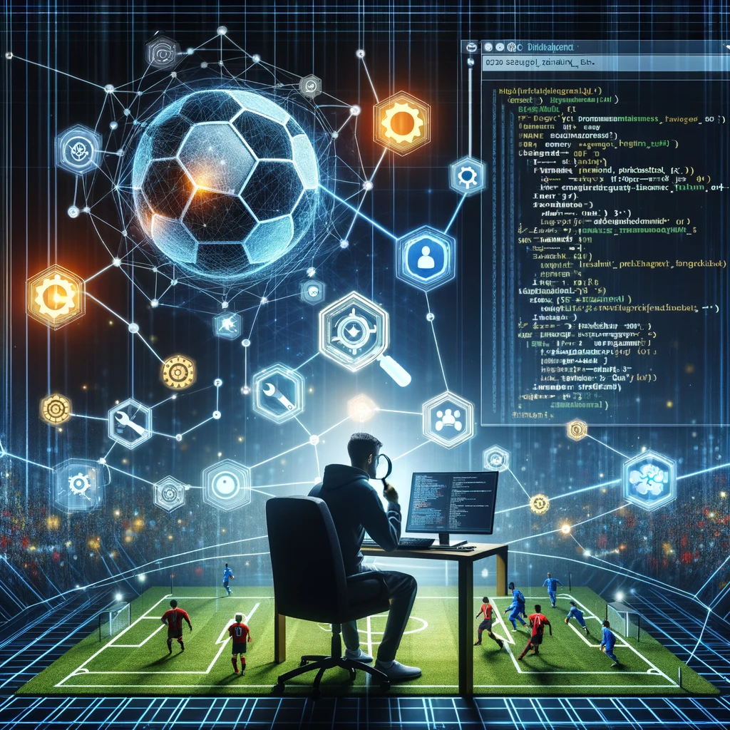 축구 이미지와 코딩하는 남성 모습
