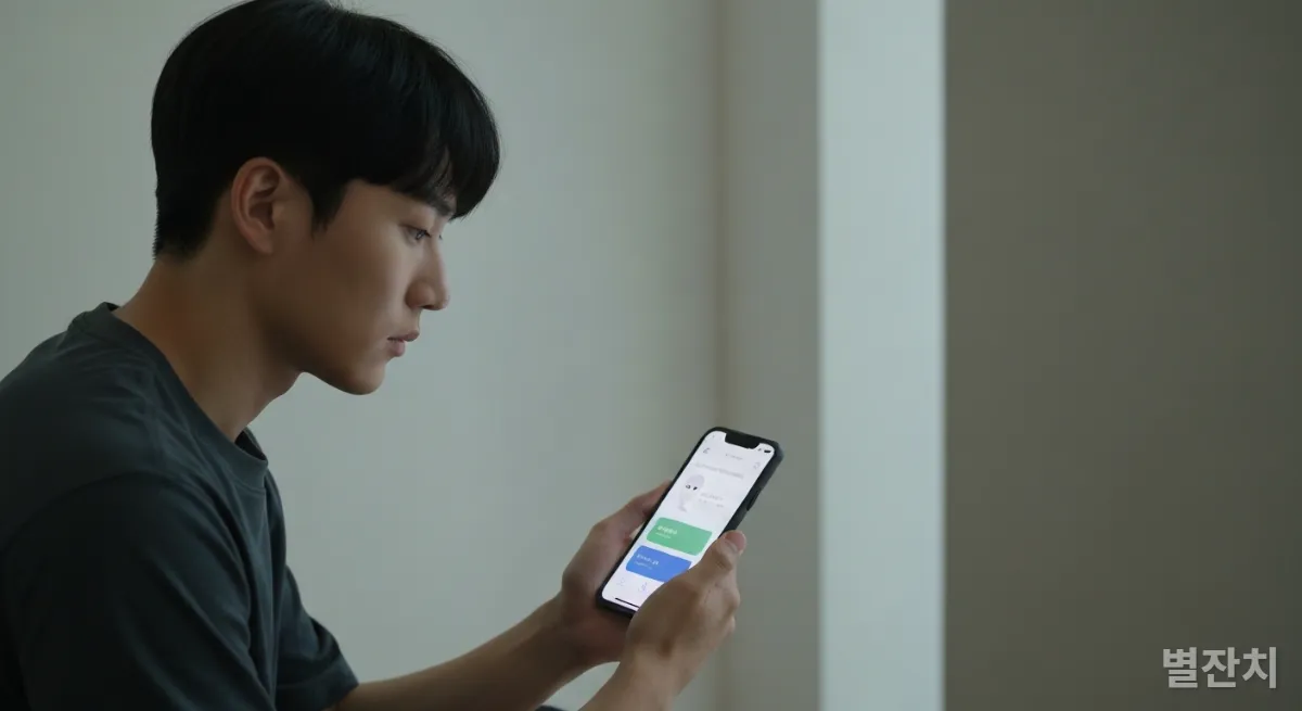 미니멀한 방에서 스마트폰으로 AI 챗봇을 활용해 감정을 분석하는 한국인 젊은 남성