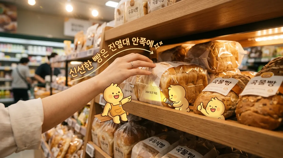 마트 진열대에서 식빵 봉지 제조일을 확인하는 손 &mdash; 신선한 빵 고르는 방법