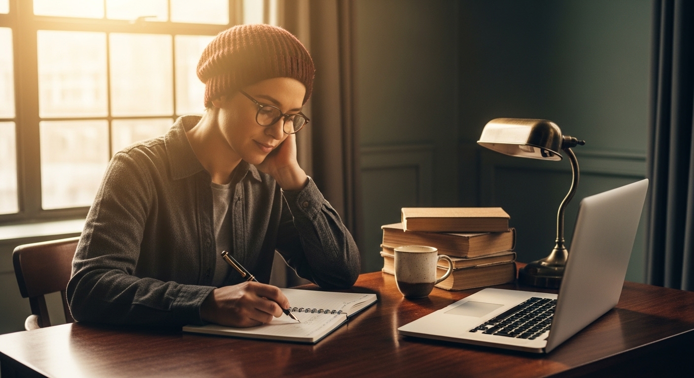 나무 책상에 앉아 만년필로 노트에 깊이 있는 글을 쓰는 사람