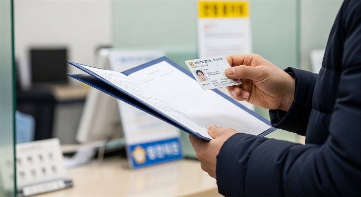 신분증과 서류철을 들고 민원 창구 앞에 선 손 클로즈업 장면 