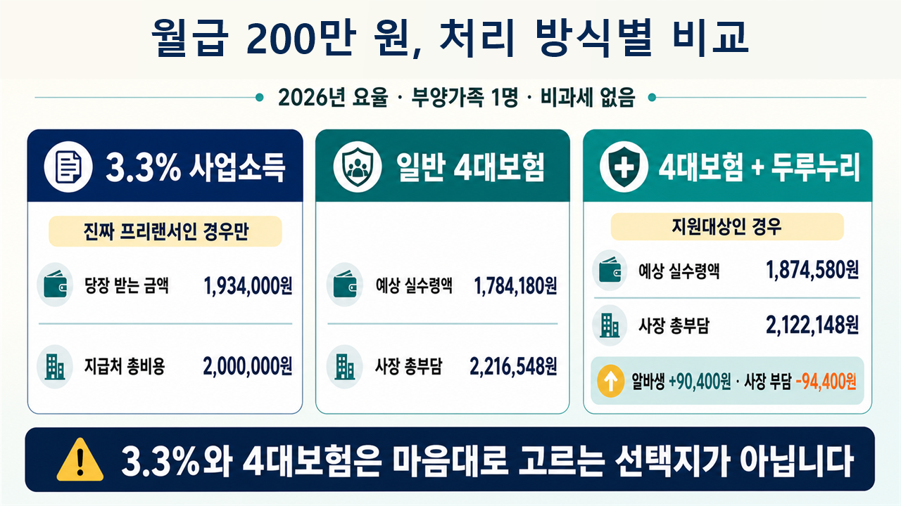 월급 200만 원 기준 3.3% 사업소득, 일반 4대보험, 두루누리 적용 시 실수령액과 사장 부담 비교