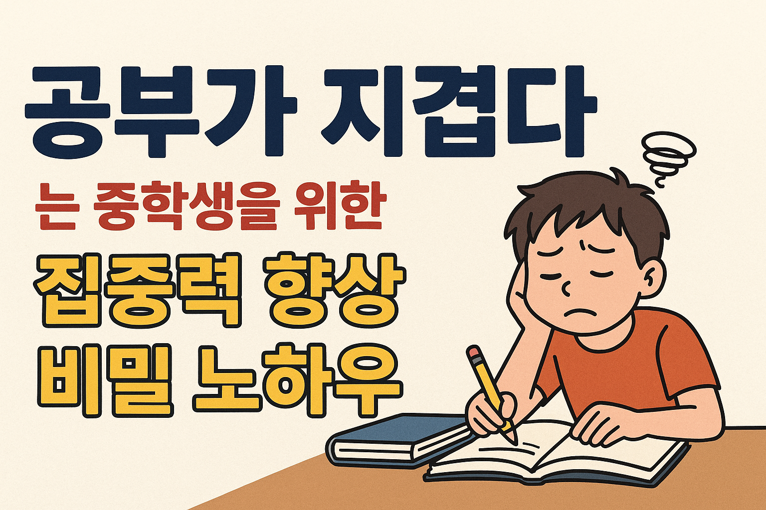 공부가-지겹다는-중학생을-위한-집중력-향상-비밀-노하우-디지털-일러스트-피곤하고-지친-표정의-남학생이-책상에-앉아-공부하며-생각에-잠긴-모습-카툰스타일-밝은-배경-강조된-문구와-컬러풀한-디자인