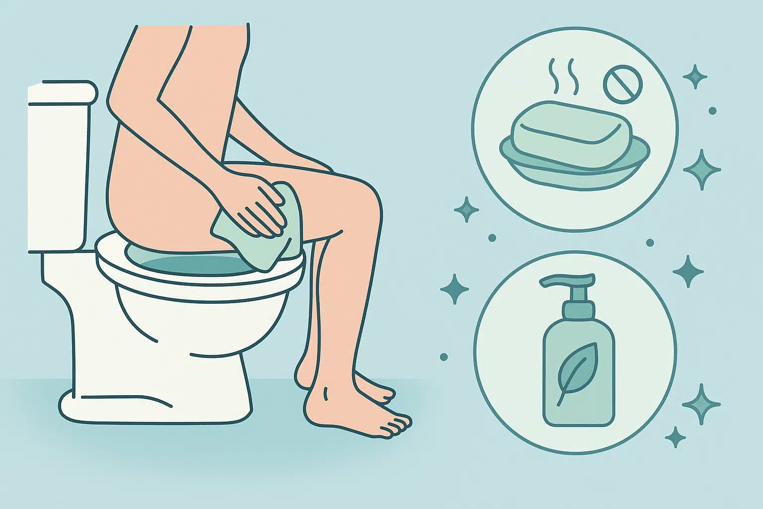 부드러운 수건으로 항문 주변을 닦는 장면, 무향 비누와 보습제