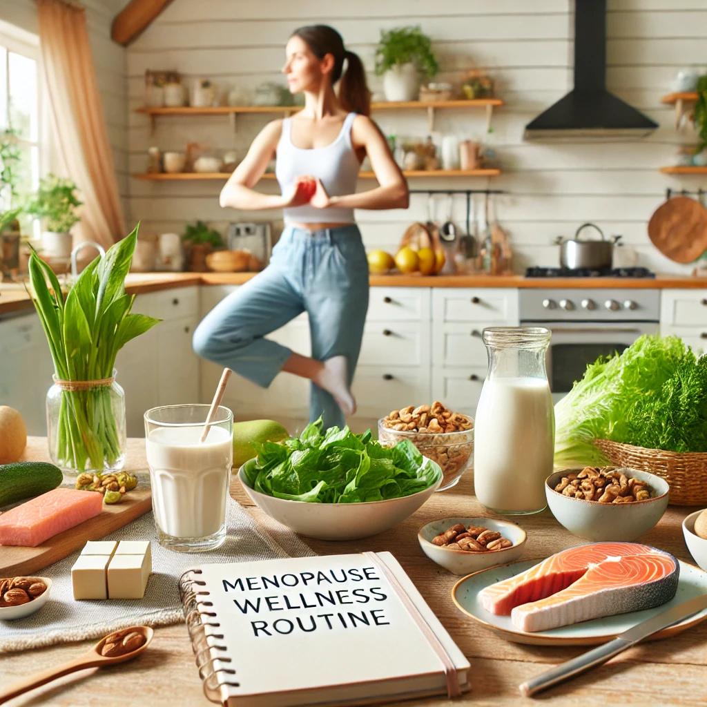 운동하는 갱년기 여성과 몸에 좋은 음식들