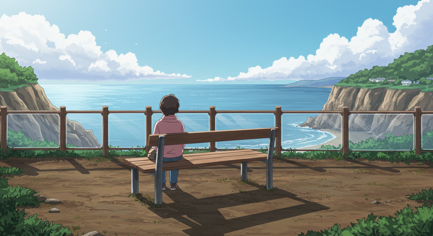 달맞이언덕 쉼터 벤치에서 수평선을 바라보는 장면