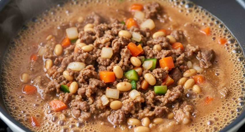 볶은 재료에 육수를 조금 넣고 되직하게 졸여지고 있는 강된장