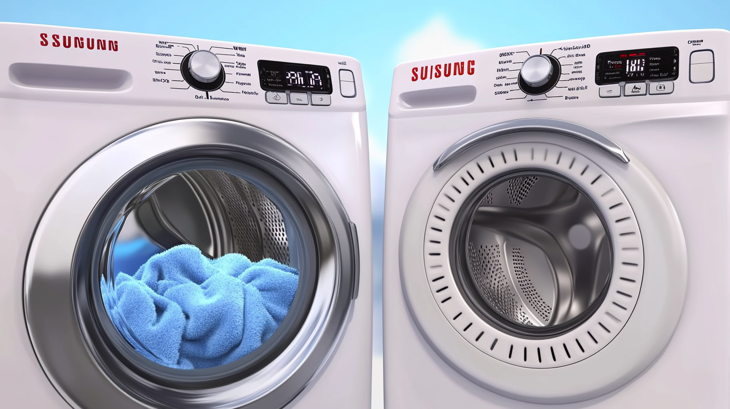 소음 수준과 세탁 시간의 차이점을 강조한 삼성 WF2117HCVVC와 일반 경쟁 모델의 창의적인 시각적 비교 이미지.