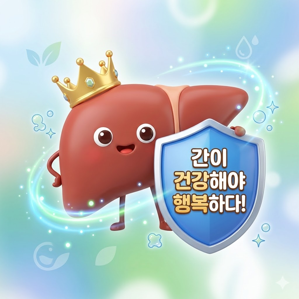 활기찬 간 캐릭터가 방패를 들고 있는 3D 카툰 일러스트. '간이 건강해야 행복하다!'는 문구가 적혀 있어 간 보호와 활력 증진을 강조합니다.