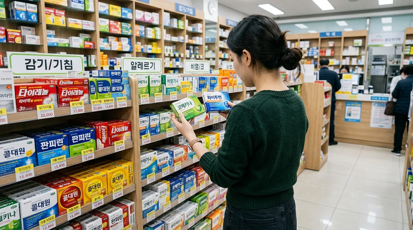 약국 진열대에서 감기약과 비염약 사이에서 고민하는 사람