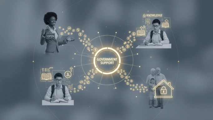 다양한 계층의 사람들이 정부 지원을 통해 혜택을 받는 모습을 형상화한 그림.