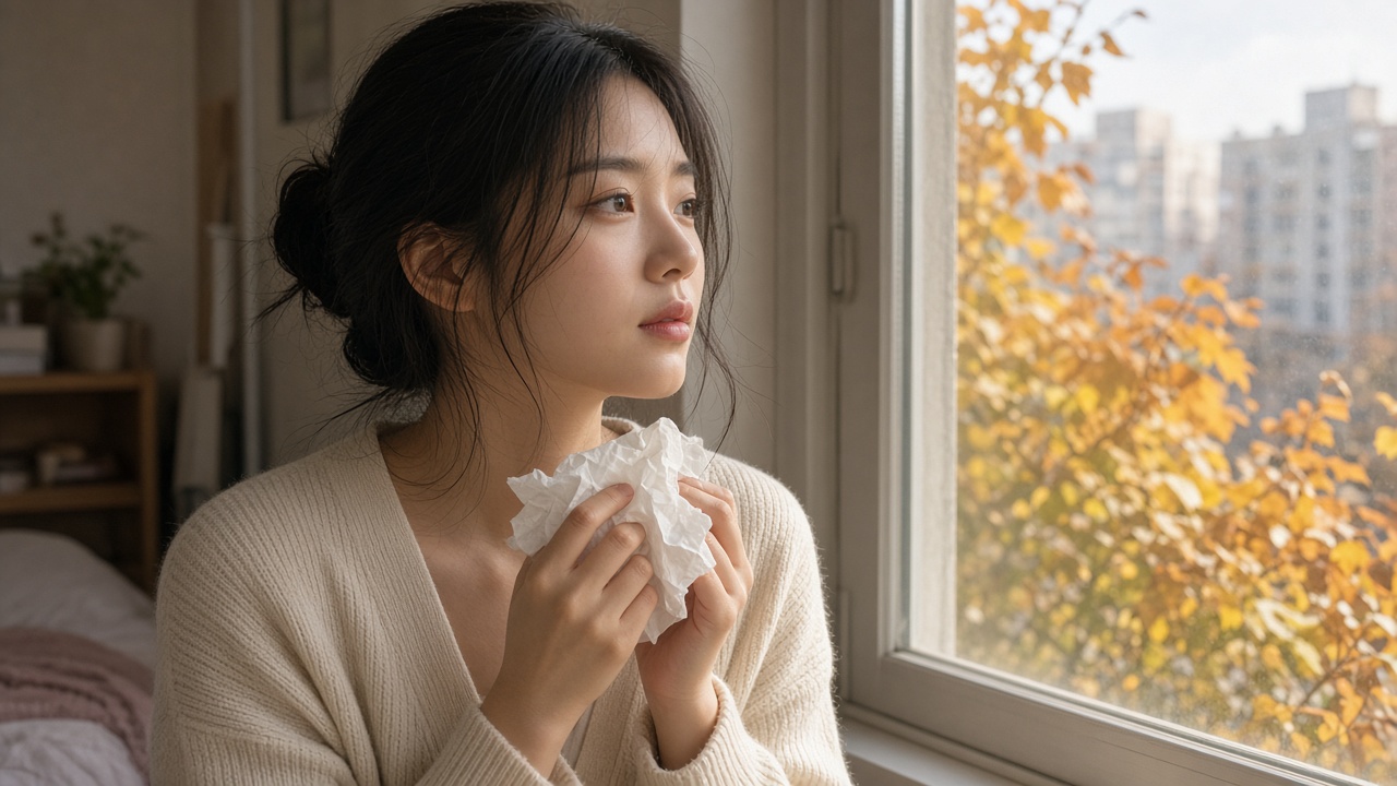 환절기 아침 창가에서 코를 풀며 컨디션을 살피는 20대 한국인 여성