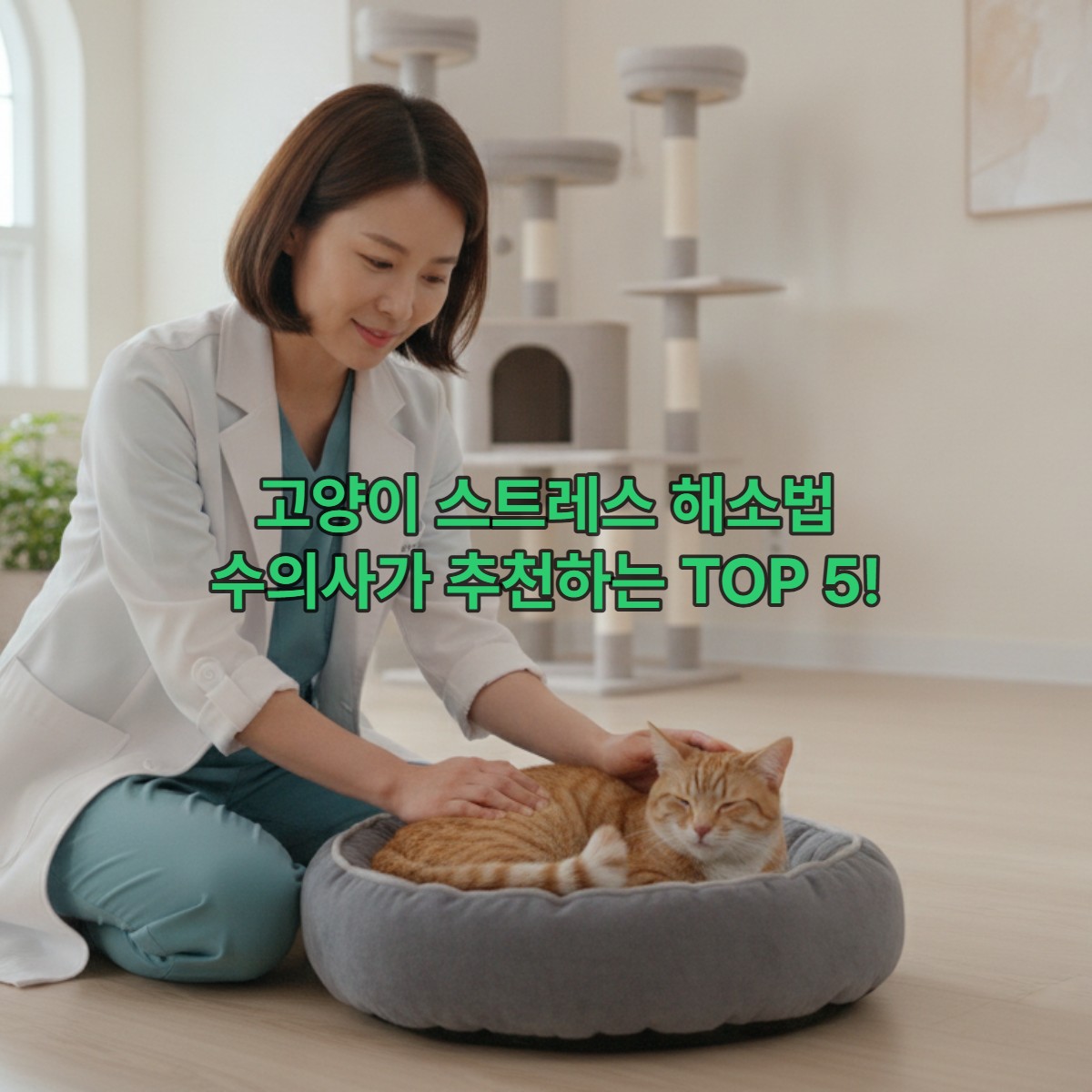 수의사가 행복한 고양이를 다정하게 쓰다듬으며 고양이 스트레스 해소에 대해 설명하는 모습.