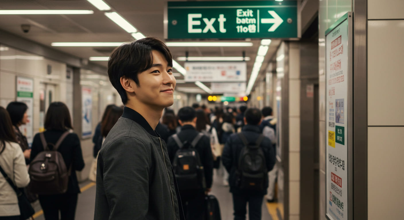 도쿄 지하철 출구 안내판을 확인하는 사람