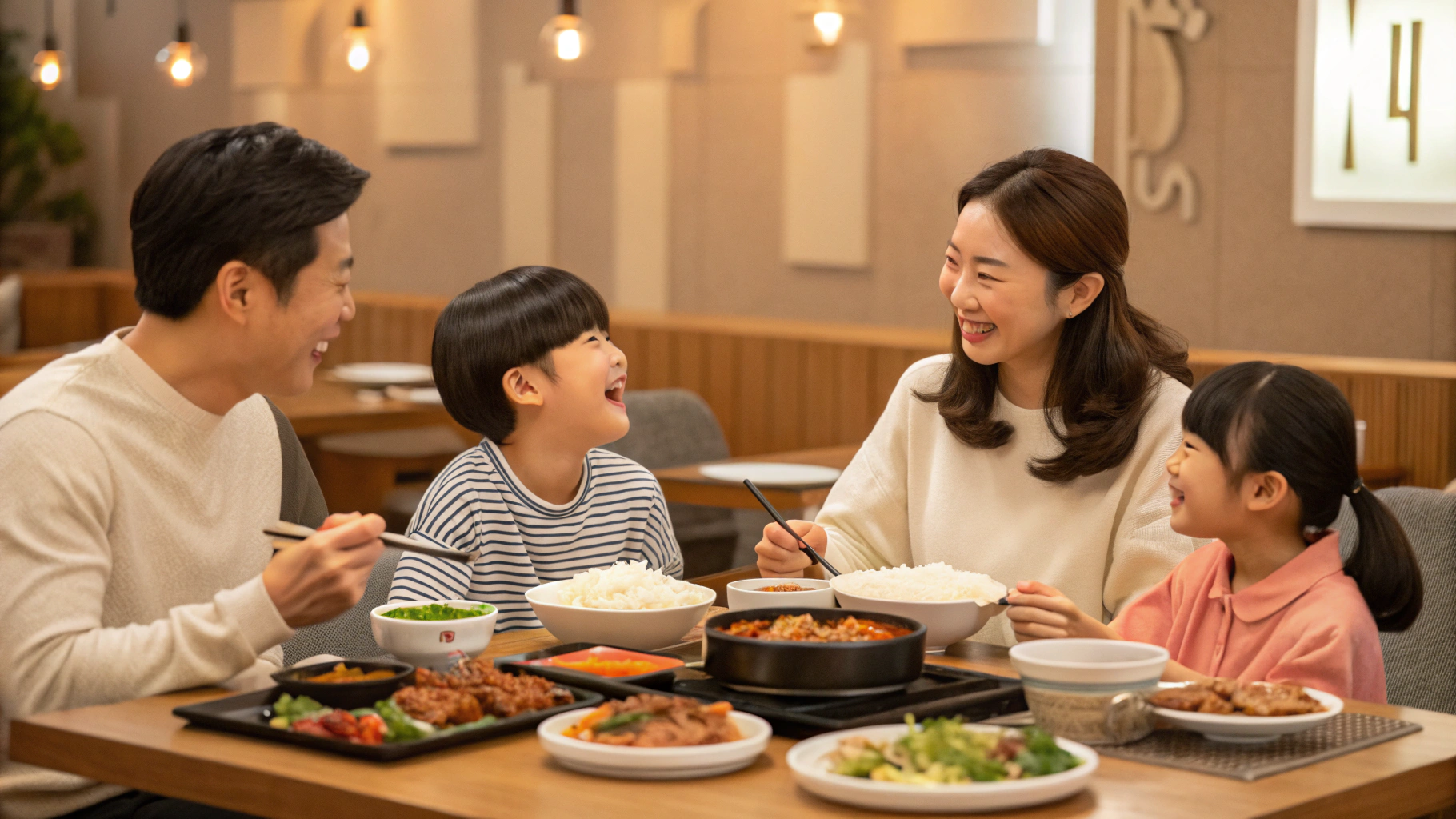 함께 외식중인 가족