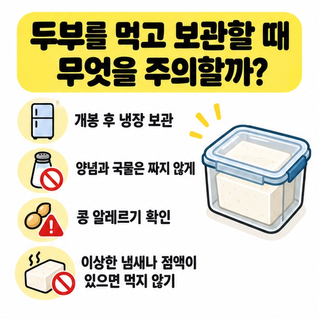 두부 냉장 보관과 양념 조절, 콩 알레르기 확인을 보여주는 체크 그림