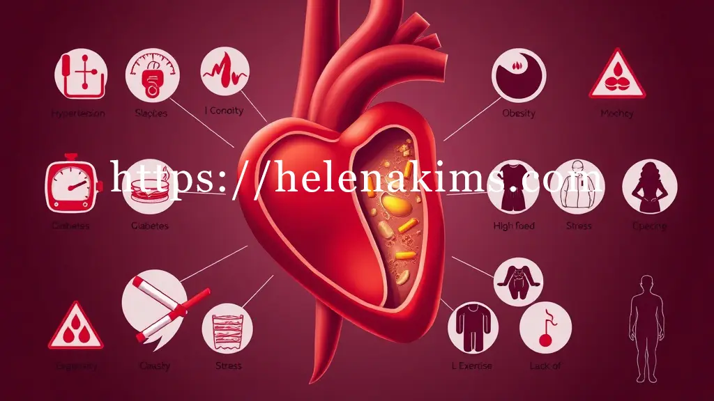 콜레스테롤과 플라크가 쌓여 점차 좁아지는 관상동맥의 단면. 이 혈관 주변으로 고혈압, 당뇨병, 흡연, 비만, 고지방 음식, 스트레스 , 운동 부족을 상징하는 그래픽 아이콘들이 경고등 처럼 놓여 있는 이미지.