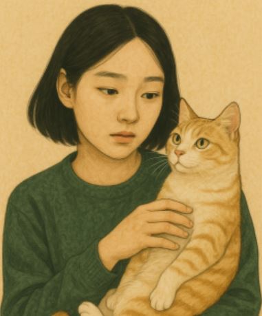 소녀가 따뜻한 시선으로 크림색과 갈색 줄무늬가 섞인 고양이 한 마리를 조심스럽게 품에 안고 있는 모습