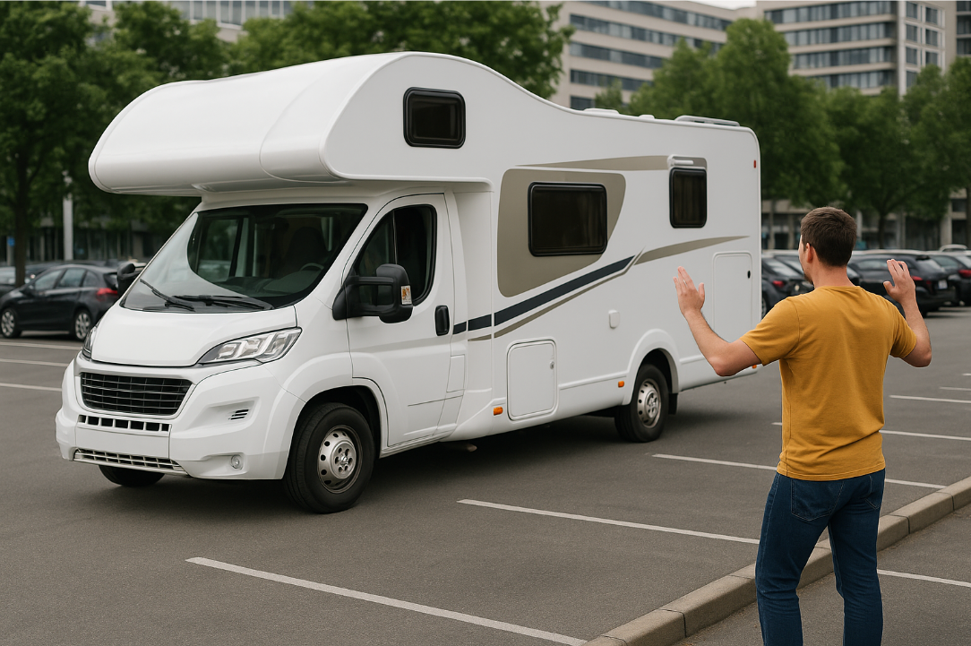 도심 주차장에서 캠핑카 후진 중, 한 명이 유도하는 모습