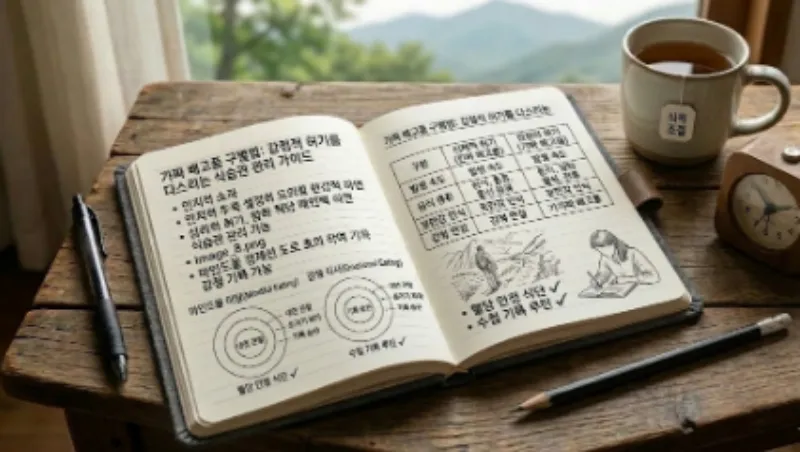 신체적 배고픔과 감정적 배고픔의 차이점을 구별하고 마인드풀 이팅 루틴을 손글씨로 세밀하게 그린 멘탈 건강 수첩 사진