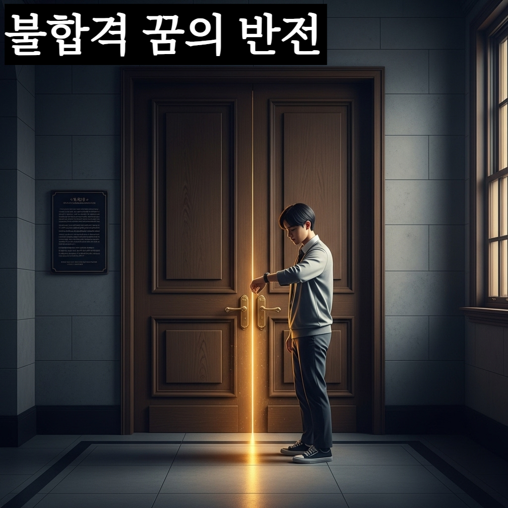 닫힌 시험장 문 앞에서 시계를 보며 당황해하는 수험생에게 따뜻한 반전의 서광이 비치는 신비로운 일러스트