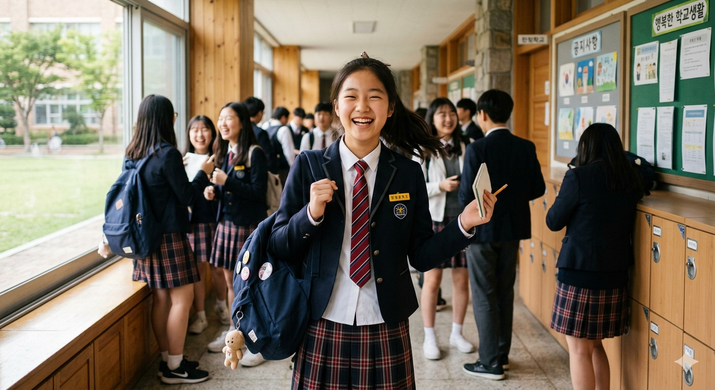 중학교 입학을 하고 웃고있는 아이의 모습